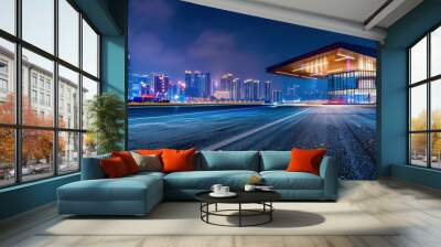 Asphalt road and city skyline with modern building at night in Suzhou, China - generative ai Wall mural