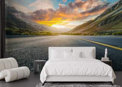 Asphalt road and mountain with sky clouds background at sunset - generative ai Wall mural