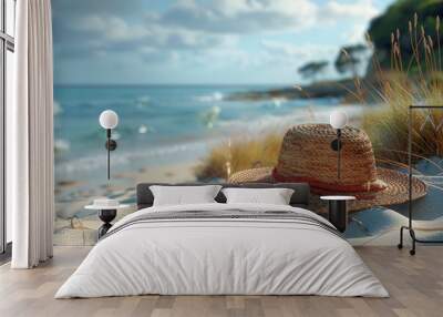 Beach Accessories On Tropical Sand And Seashore - Summer Vacations, strong sunlight - generative ai Wall mural