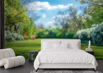 Beautiful blurred background image of spring nature with a neatly trimmed lawn surrounded by trees against a blue sky with clouds on a bright sunny day - generative ai Wall mural