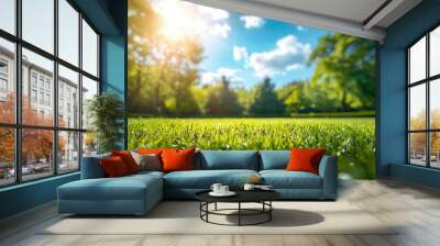 Beautiful blurred background image of spring nature with a neatly trimmed lawn surrounded by trees against a blue sky with clouds on a bright sunny day. copy space - generative ai Wall mural