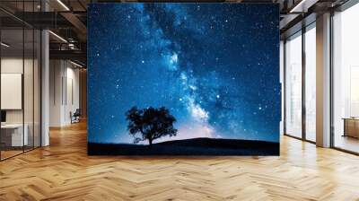 Blue dark night sky with many stars. Milkyway cosmos background - generative ai Wall mural