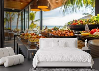 Breakfast in tropical hotel with sea view. Buffet food in restaurant in modern resort. Concept of travel and summer vacation. - generative ai Wall mural