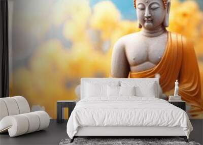 Buddha statue. background blurred flowers and sky with the light of the sun and copy space - generative ai Wall mural