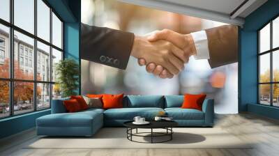 Businessmen making handshake with partner, greeting, dealing, merger and acquisition, business cooperation concept, joint venture, copy space for business, finance and investment - generative ai Wall mural