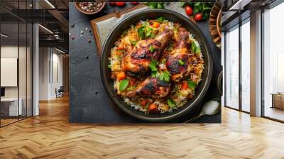 Chicken Mandy top view The national Saudi Arabian dish chicken kabsa with rice mandi, arab cuisine - generative ai Wall mural