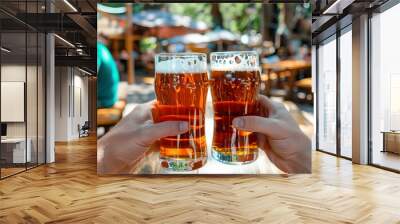 Close-up view of a two glass of beer in hand. Beer glasses clinking at outdoor bar or pub - generative ai Wall mural