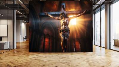 crucifix, jesus on the cross in church with ray of light from stained glass - generative ai Wall mural