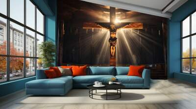 crucifix, jesus on the cross in church with ray of light from stained glass - generative ai Wall mural