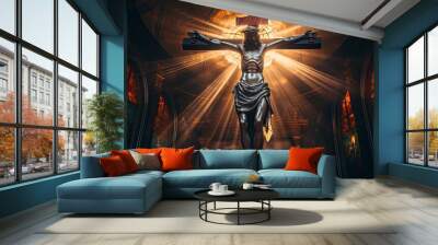 crucifix, jesus on the cross in church with ray of light from stained glass - generative ai Wall mural