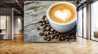 Cup of coffee latte with heart shape and coffee beans on old wooden background - generative ai Wall mural