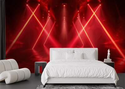 Dark background with lines and spotlights, neon light, night view. Abstract red background - generative ai Wall mural