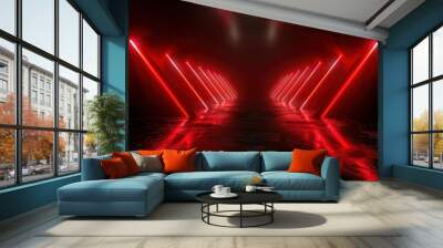 Dark background with lines and spotlights, neon light, night view. Abstract red background - generative ai Wall mural