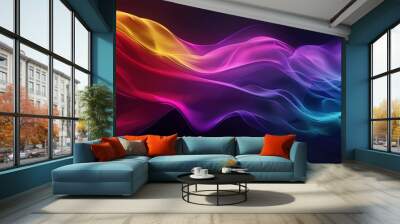 Dark grainy color gradient wave background, purple red yellow blue green colors banner poster cover abstract design, black copy space - generative ai Wall mural