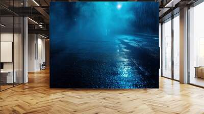 Dark street, wet asphalt, reflections of rays in the water. Abstract dark blue background, smoke, smog. Empty dark scene, neon light, spotlights. Concrete floor - generative ai Wall mural