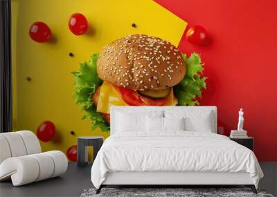 Delicious fish burger with tomatoes, cheese slices and fresh lettuce on yellow and red background - generative ai Wall mural