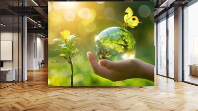 Earth crystal glass globe ball and growing tree in human hand. Saving environment, save clean planet, ecology concept. Card for World Earth Day - generative ai Wall mural