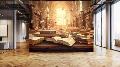 Education learning concept with opening book or textbook in old library, stack piles of literature text academic archive on reading desk and school study class room background - generative ai Wall mural