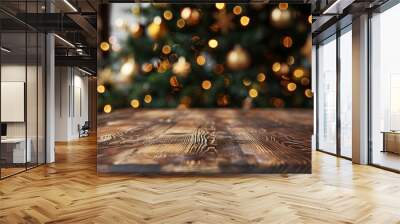 Empty table in front of christmas tree with decoration background - generative ai Wall mural