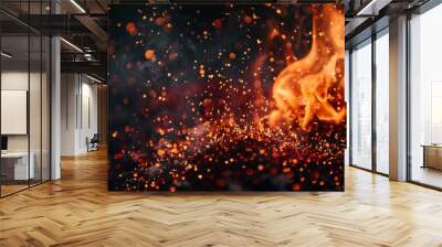 Fire embers particles over black background. Fire sparks background. Abstract dark glitter fire particles lights. bonfire in motion blur - generative ai Wall mural