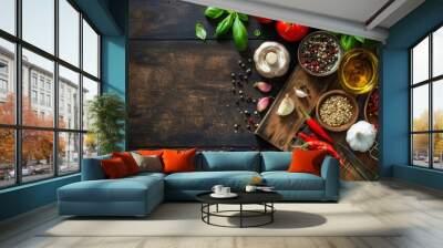 Food cooking background, ingredients for preparation vegan dishes, vegetables, roots, spices, mushrooms and herbs. Old cutting board. Healthy food concept - generative ai Wall mural