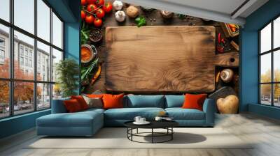 Food cooking background, ingredients for preparation vegan dishes, vegetables, roots, spices, mushrooms and herbs. Old cutting board. Healthy food concept - generative ai Wall mural