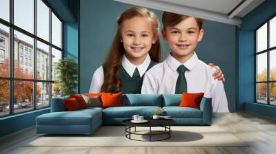 Front view of cute american girl and boy posing together, in school uniforms, one color background, copy space -generative ai Wall mural