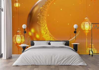 gold and yellow color islamic concept Ramadan and Eid al-Fitr 3d image, golden half moon with date and lantern lights new decoration Eid al-Fitr image copy space - generative ai Wall mural