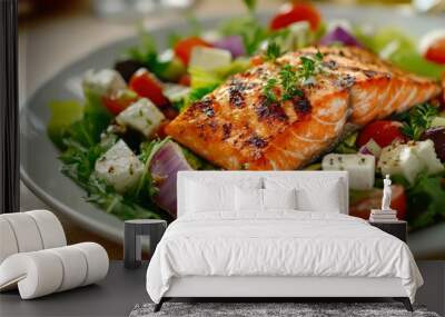 Greek salad with grilled salmon fish. Traditional mediterranean cuisine. Healthy food, diet - generative ai Wall mural