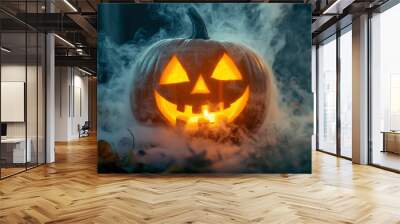 Halloween pumpkin face lantern at night with misty smoke. Halloween background - generative ai Wall mural