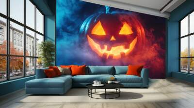 Halloween pumpkin face lantern at night with misty smoke. Halloween background - generative ai Wall mural