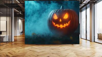 Halloween pumpkin head jack in darkness night with fog - generative ai Wall mural