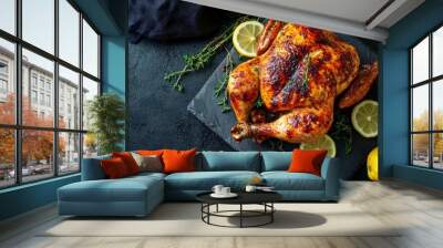 Homemade chicken rotisserie with thyme, lemon closeup on a slate board on the table. Horizontal top view from above - generative ai Wall mural