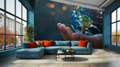 Human hand holding earth with layer protect. World ozone day concept, copy space right - generative ai Wall mural