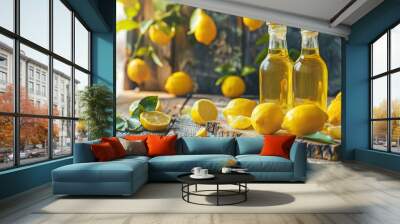 Italian limoncello and fresh lemons on a rustic wooden background.Traditional homemade lemon liqueur with fresh citrus fruits. Close-up with short depth of focus. Mediterranean - generative ai Wall mural