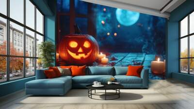 Jack O 'Lantern with glowing eyes on a wooden table with candles around it on a spooky Halloween night under the light of a full moon - generative ai Wall mural