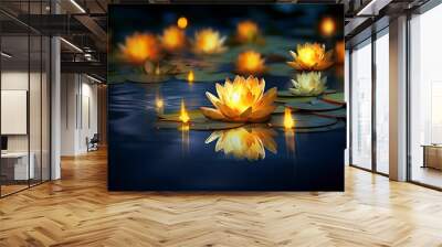 Lotus vesak lanterns floating on water with light reflection and copy space - generative ai Wall mural