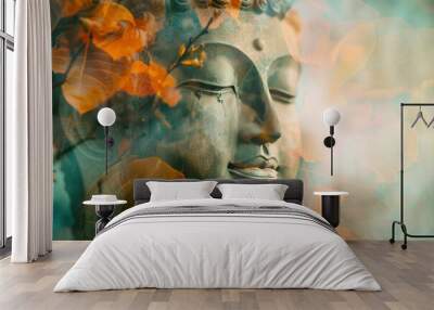 Magha Asanha Visakha Puja Day , Buddha statue , bodhi leaf with double exposure and len flared , soft image and soft focus style - generative ai Wall mural