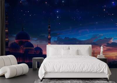 Mosques Dome on dark blue twilight sky and Crescent on background, islamic religion Ramadan and free space, Eid al-Adha, Eid al-fitr, Mubarak, Islamic new year Muharram, copy space - generative ai Wall mural