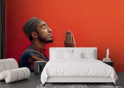 Muslim young man praying open her arm. one color background, copy space - generative ai Wall mural