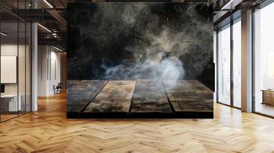 Old wood table top with smoke in the dark background - generative ai Wall mural