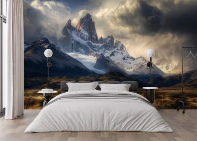 Road to el chalten, beautiful fitz roy, cerro torre, dramatic sky sunlight, and cloud - generative ai Wall mural