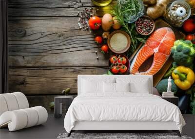 Selection of healthy food on rustic wooden background, realistic, HD, copy space - generative ai Wall mural