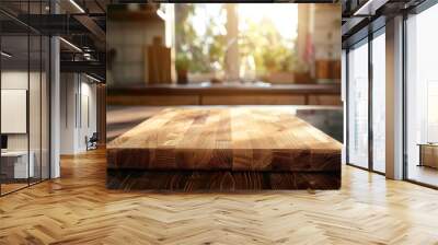 Selective focus.End grain wood counter top with cutting board on blur kitchen in morning window background.For montage product display or design key visual - generative ai Wall mural