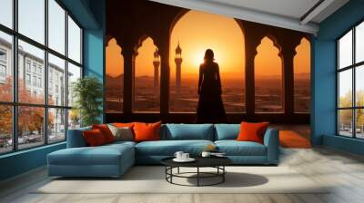 Silhouette of a Persian woman in national dress against the background of traditional Iranian architecture. The sun has set. Iran. Kashan, copy space - generative ai Wall mural