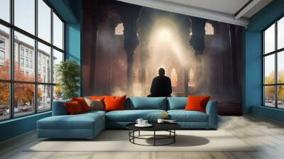 Silhouette of Muslim man worshiping and praying for fasting and Islamic Eid culture in old mosque with lighting and smoke background, copy space - generative ai Wall mural