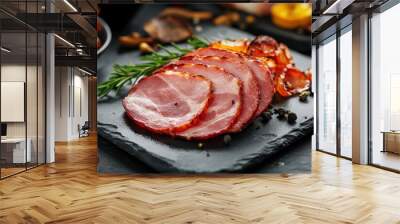 Slate plate with sliced baked ham, closeup - generative ai Wall mural