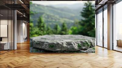 Stone podium on rock platform 3d illustration, grey rock pedestal for a product display stand, green forest and blurred horizon on the background, natural scenery landscape - generative ai Wall mural