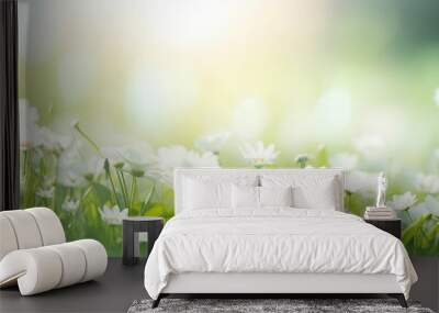 sunny spring background, hd wallpaper, in the style of soft focus lens, dark white and green, symbolic nabis, flower power, serene landscapism, award-winning - generative ai Wall mural