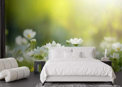 sunny spring background, hd wallpaper, in the style of soft focus lens, dark white and green, symbolic nabis, flower power, serene landscapism, award-winning - generative ai Wall mural